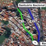 Vista de satélite das opções de trajeto entre a rodoviaria de Aparecida e o Santuario Nacional (Google Maps)