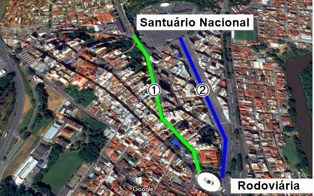 Vista de satélite das opções de trajeto entre a rodoviaria de Aparecida e o Santuario Nacional (Google Maps)