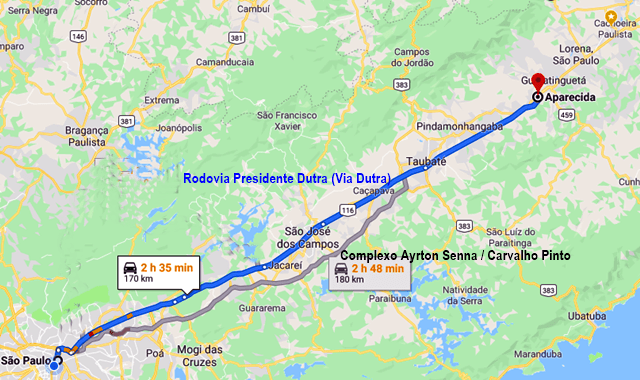 As duas opções de estrada para ir do aeroporto de Guarulhos a Aparecida - reprodução Google Maps