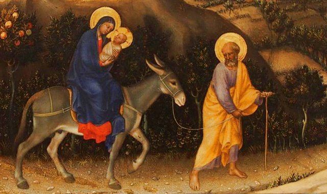 A Sagrada Família fugindo para o Egito, detalhe do quadro Adoração dos Magos, pintado por Gentile de Fabriano