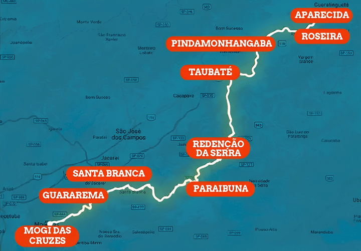 Roteiro com as nove cidades percorridas pela Rota da Luz, entre Mogi das Cruzes e Aparecida, SP - divulgação