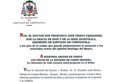 Detalhe do documento que declara o irmanamento da Arquidiocese de Santiago de Compostela e da Diocese de Campo Mourão - Divulgação