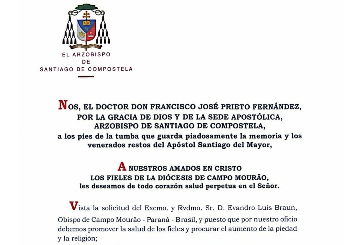 Detalhe do documento que declara o irmanamento da Arquidiocese de Santiago de Compostela e da Diocese de Campo Mourão - Divulgação